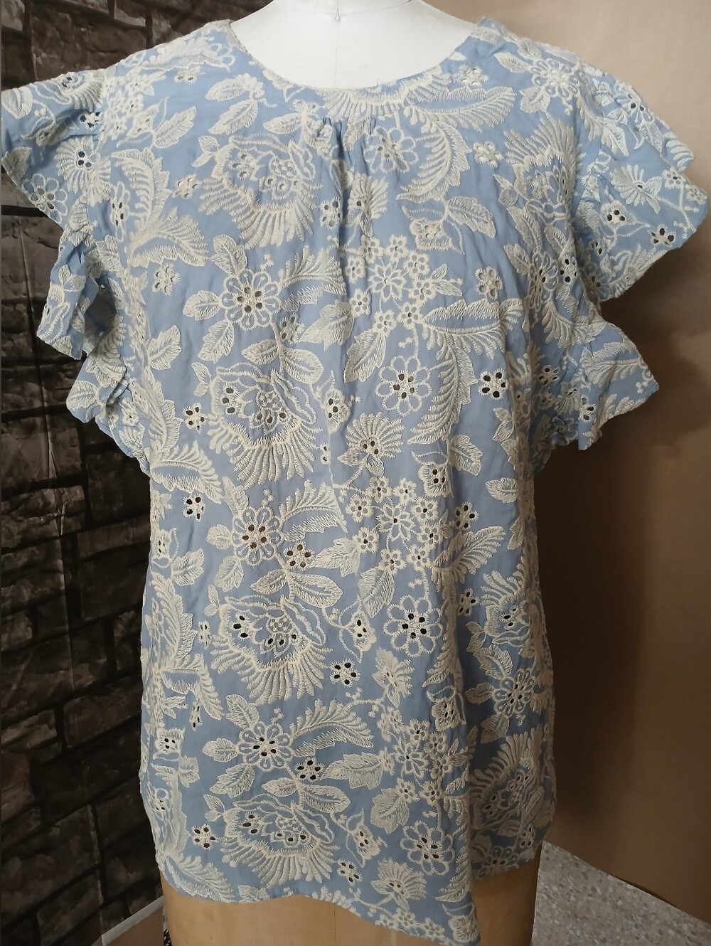 Tahari Light Blue Eyelet Floral Blouse